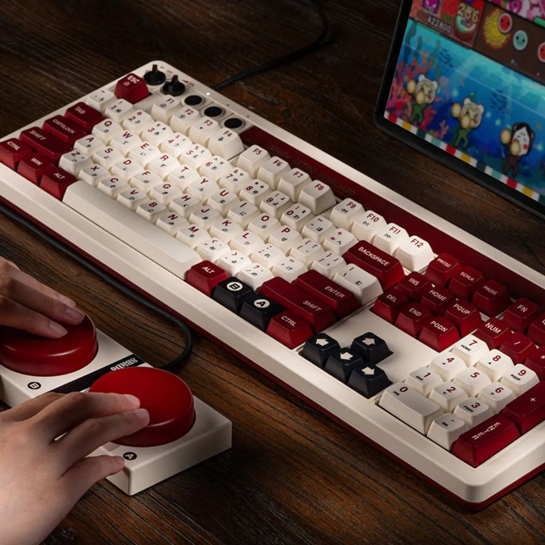 8Bitdo Retro 108 toetsenbord Gamen USB + RF Wireless + Bluetooth Bordeaux rood, Wit