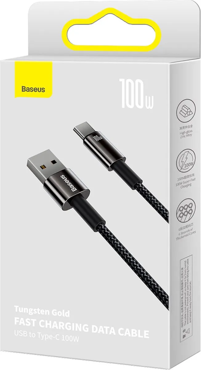 Baseus Tungsten Gold USB-A naar USB-C Kabel 100W 2m - Zwart