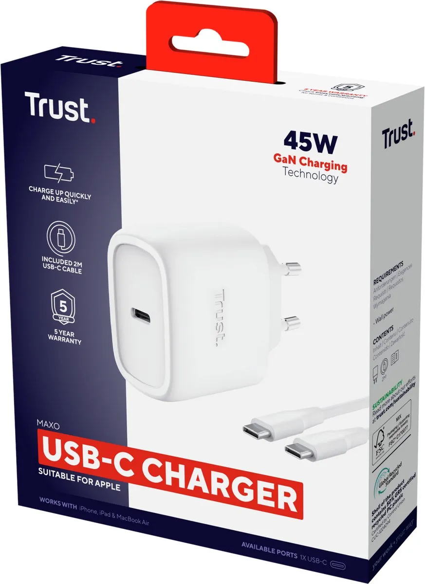 Trust Maxo 45W GaN USB-C Oplader - 2m Kabel - Wit - afbeelding 2 van 6