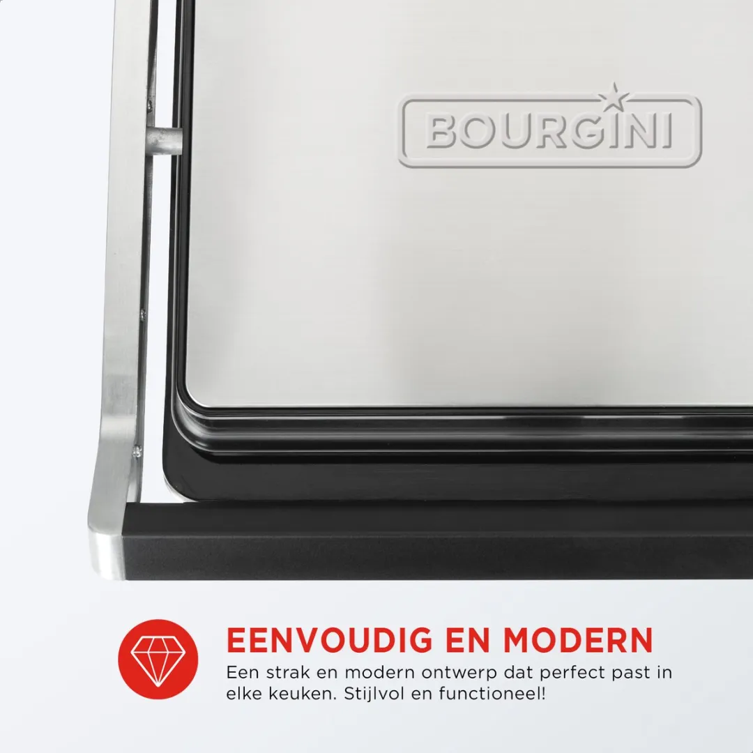Bourgini Contact Grill Pure Tostiapparaat 1800W - 2 Platen - RVS/Zwart