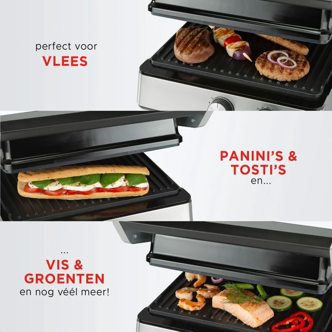 Bourgini Contact Grill Pure Tostiapparaat 1800W - 2 Platen - RVS/Zwart