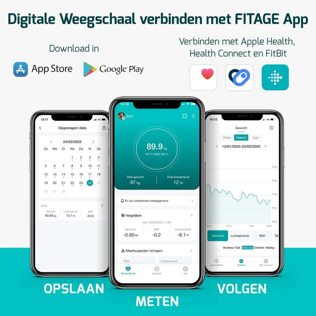 FITAGE Personenweegschaal Digitaal Wit - 180kg - 17x Lichaamsanalyse