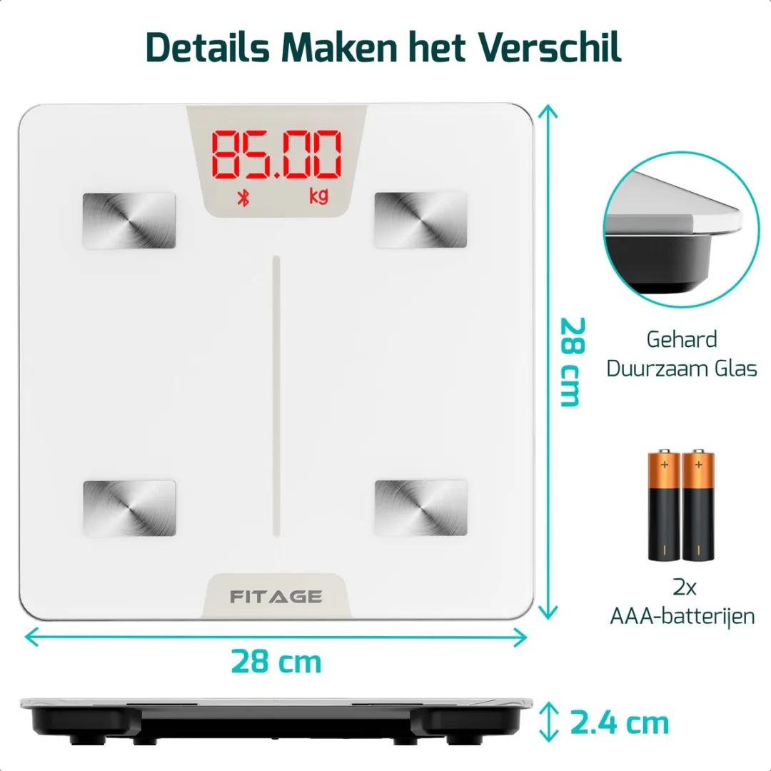 FITAGE Personenweegschaal Digitaal Wit - 180kg - 17x Lichaamsanalyse - afbeelding 6 van 6