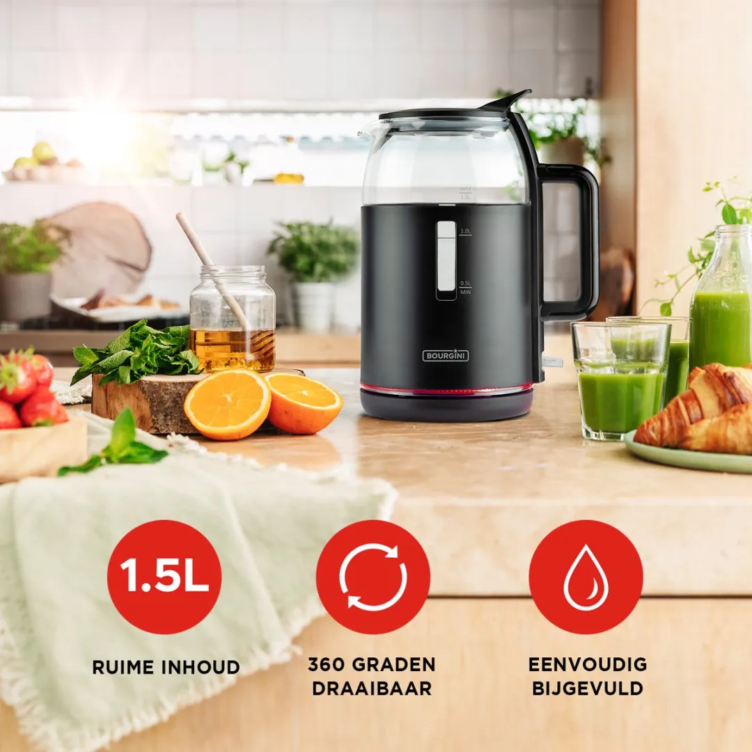 Bourgini Glazen Waterkoker 1.5L - 2200W - Zwart