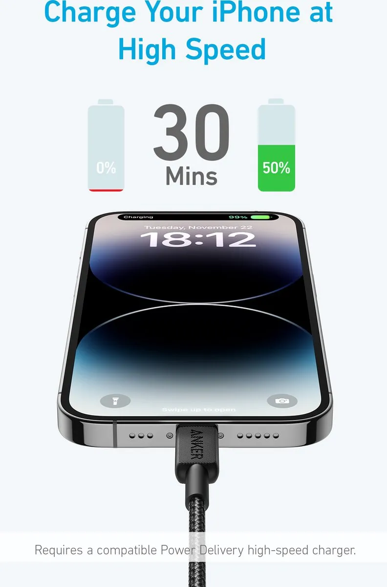 Anker 322 A81B6G11 USB-C naar Lightning Kabel - 180cm - Zwart