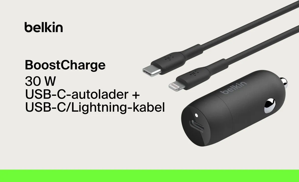 Belkin BoostCharge 30W USB-C Autolader + Lightning-kabel - Zwart