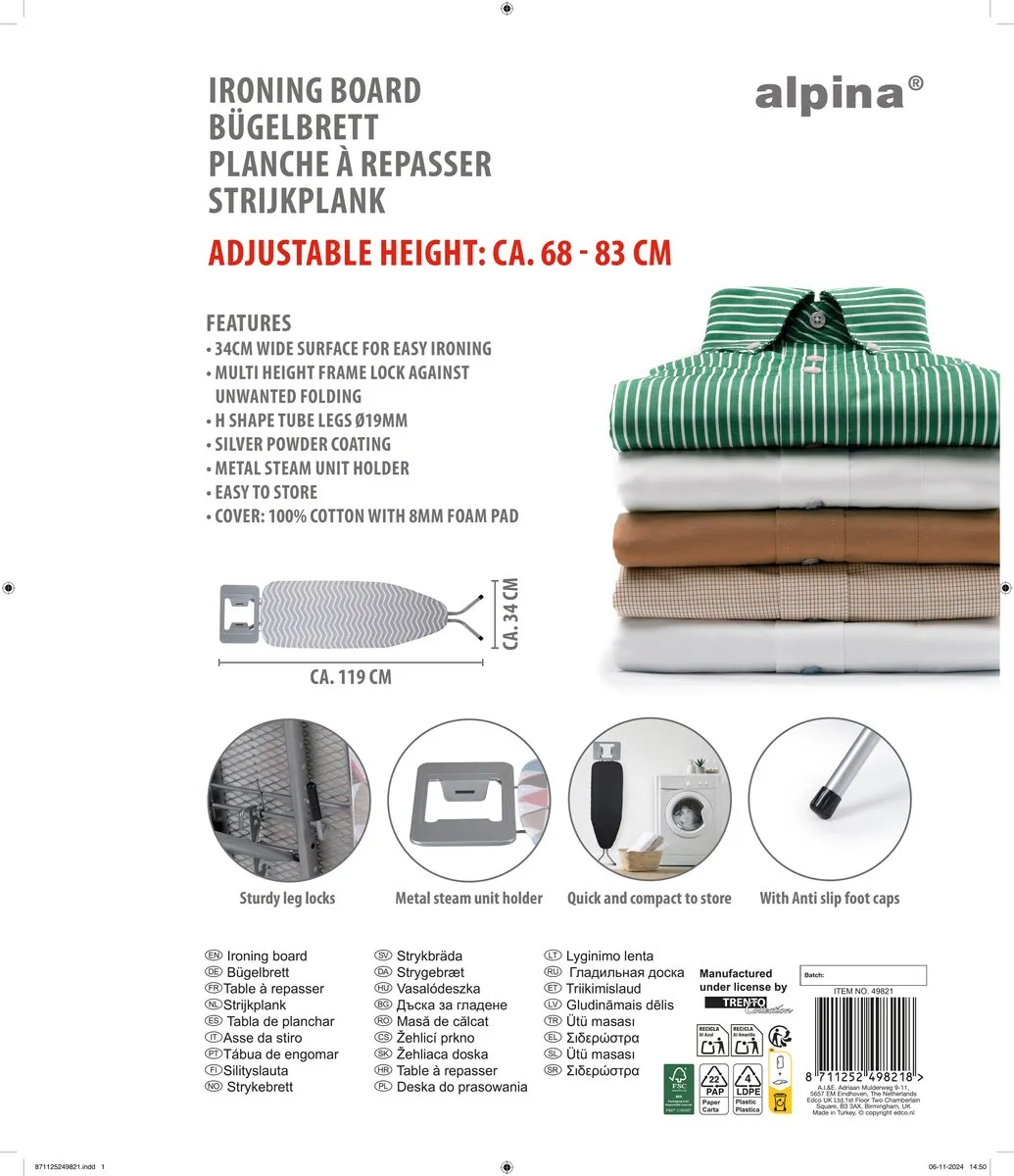 Alpina Strijkplank 119x34x83cm - Grijs