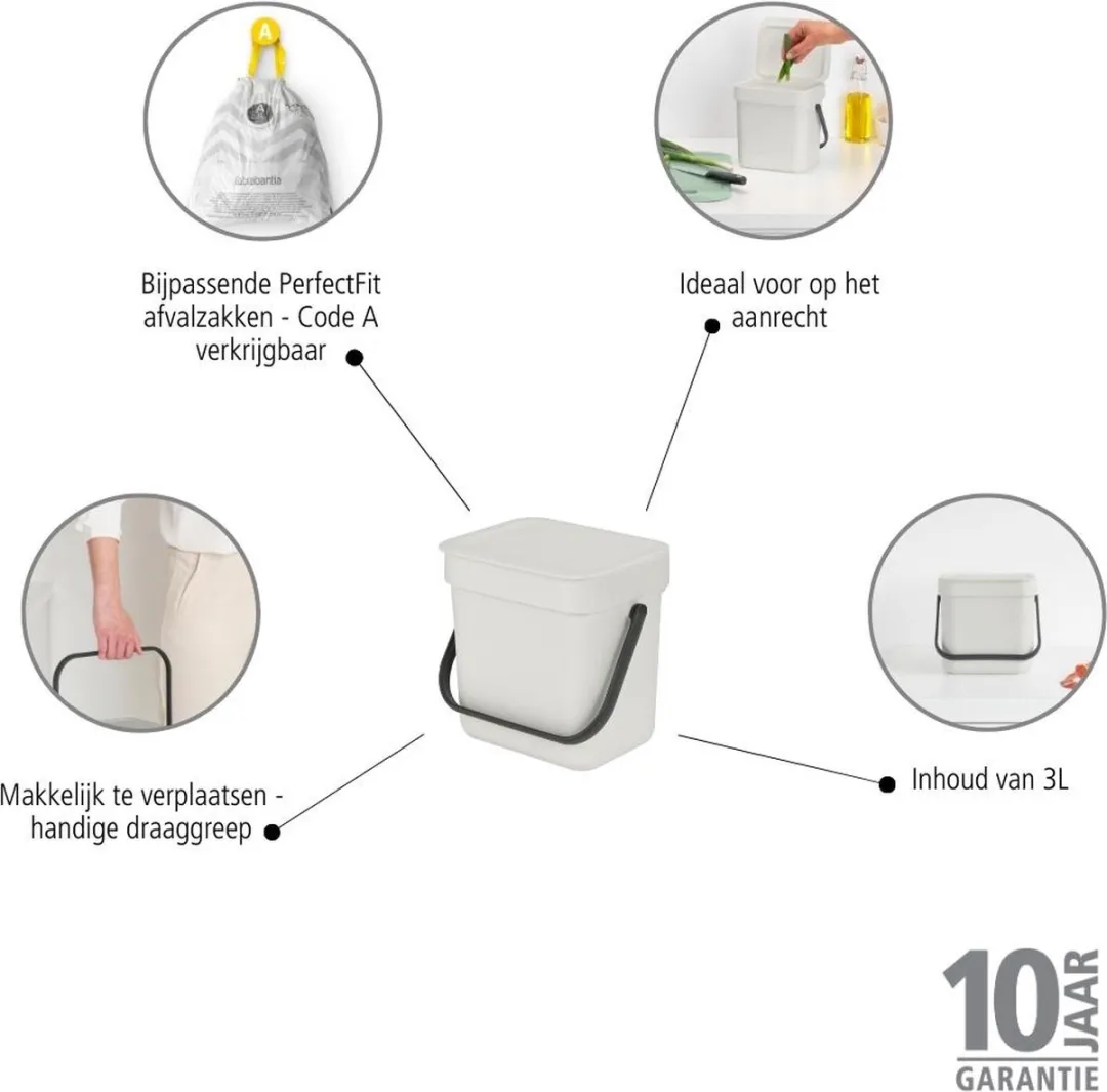Brabantia Sort & Go Afvalbakje 3L - Light Grey