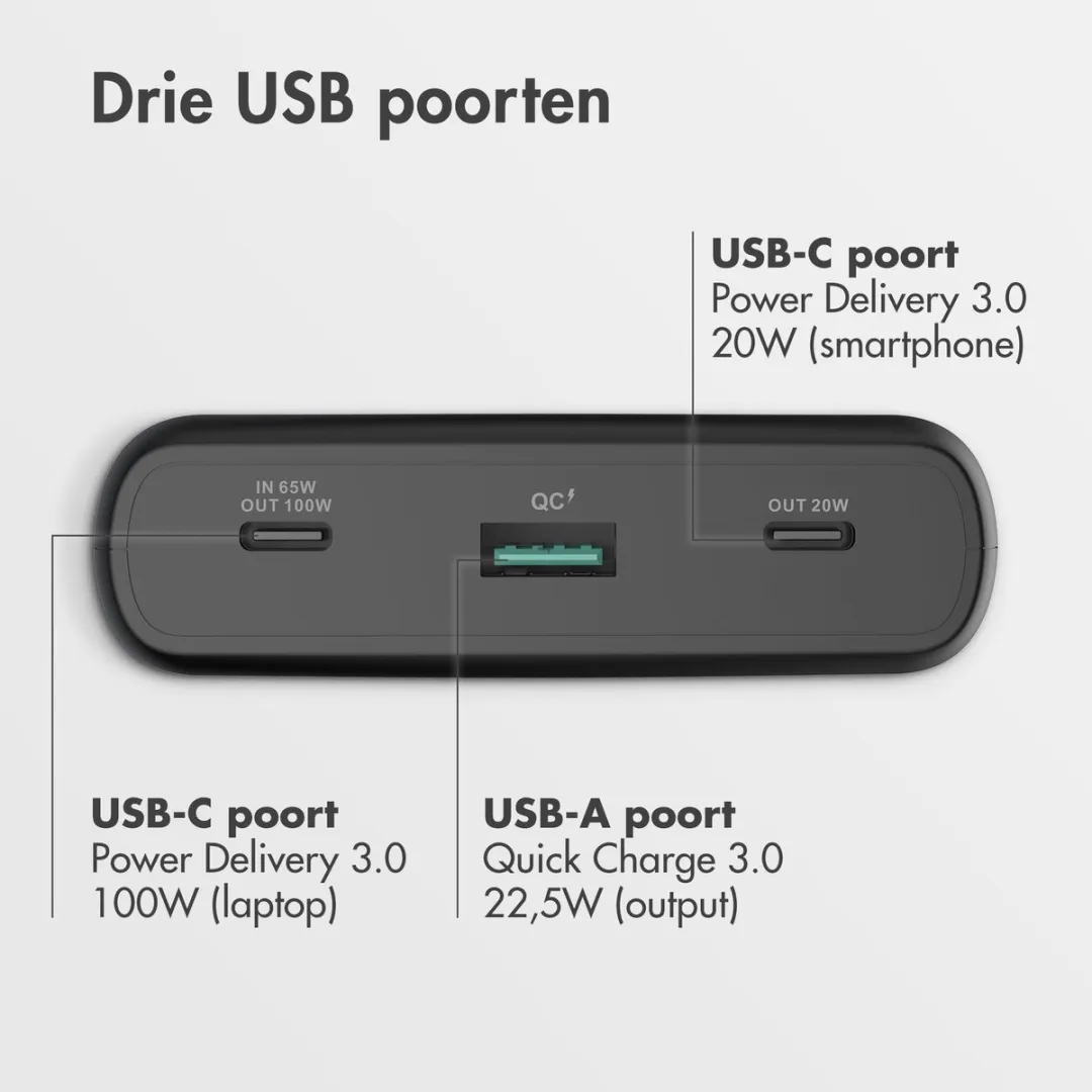 Imoshion Powerbank SH00071861 20000mAh - 100W - 3 Outputs - Zwart