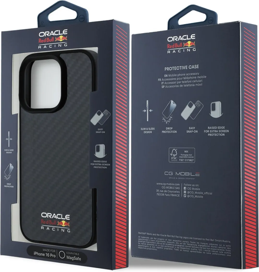 Red Bull Racing iPhone 16 Pro Hoesje - Carbon Fiber - Shiny Logo - MagSafe