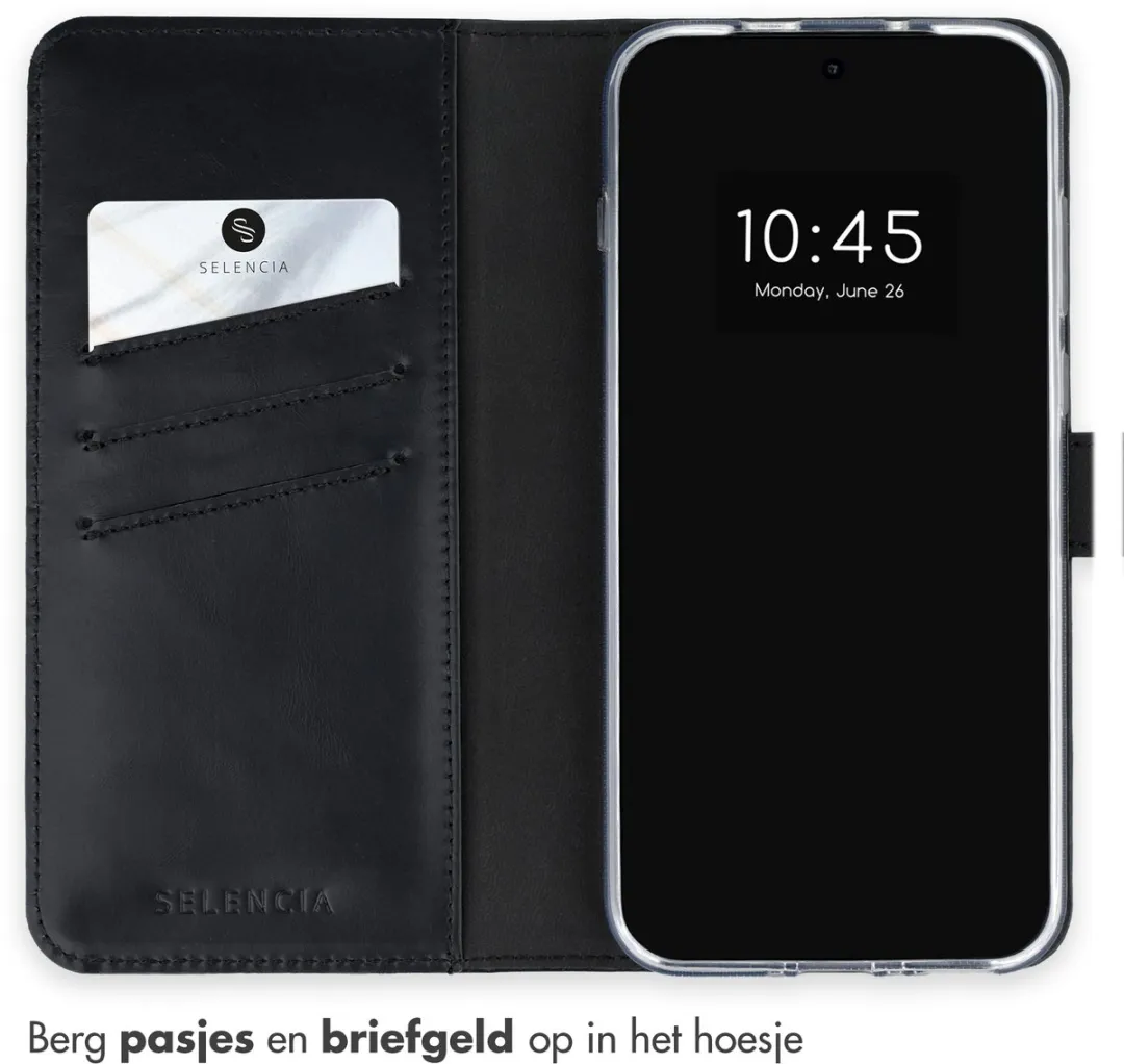 Selencia Hoesje OnePlus 15 Echt Lederen Bookcase - 3 Pasjes - Zwart