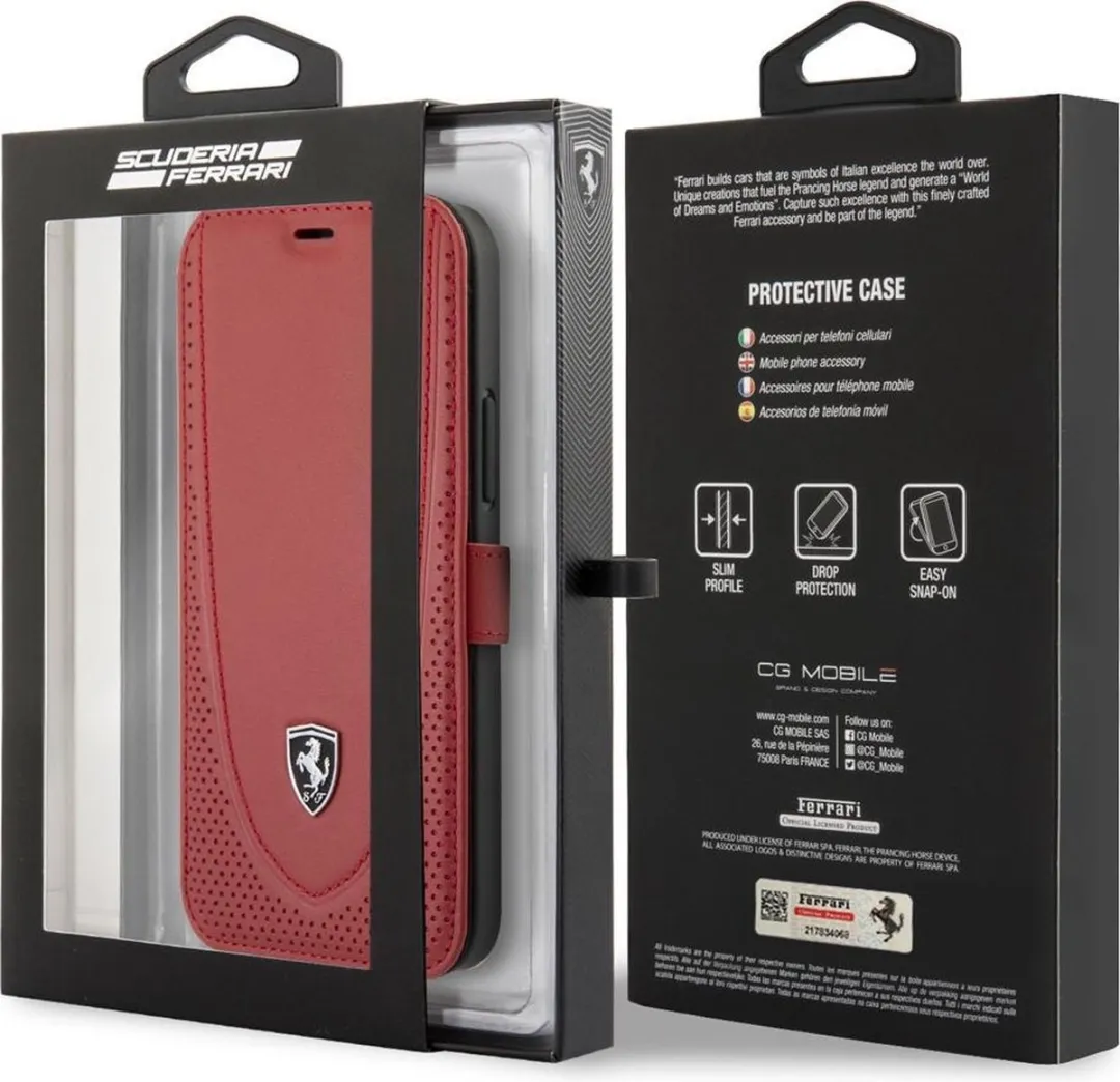Ferrari iPhone 12 Pro Max Boekenkasthoesje - Rood Leder