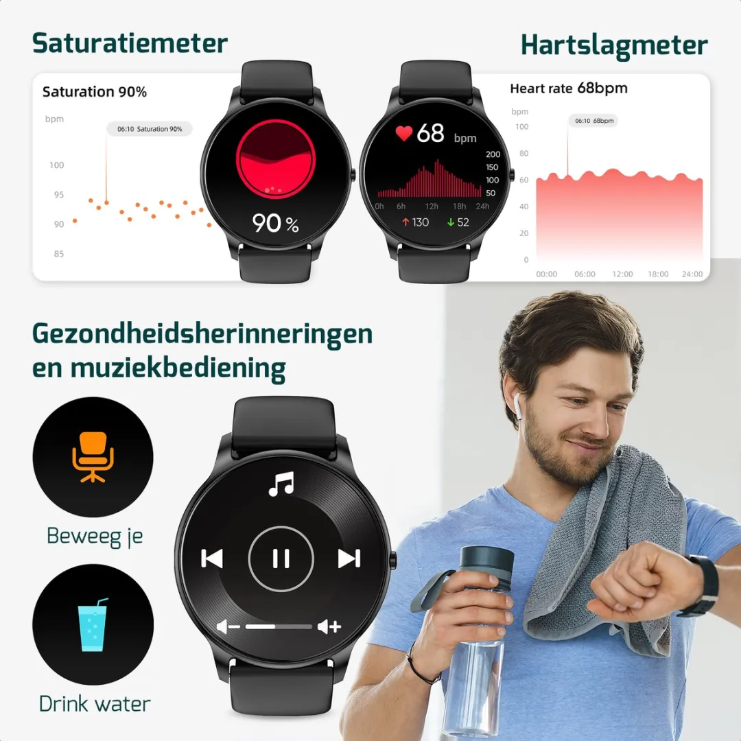 FITAGE Sporthorloge GPS - 47mm - 1.85" - Zwart - afbeelding 6 van 6