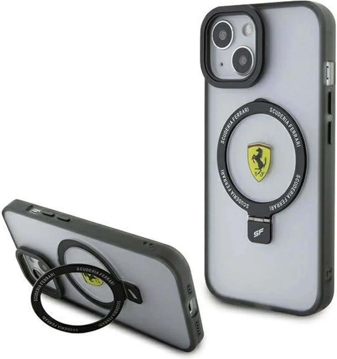 Ferrari Ring Stand MagSafe-hoesje iPhone 15 Plus/14 Plus - Transparant