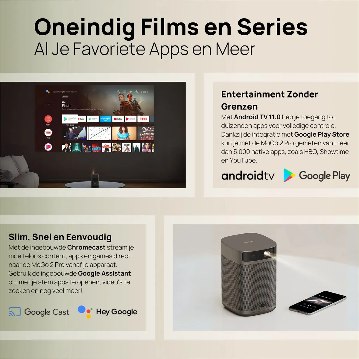 XGIMI MoGo 2 Pro - Draagbare Smart-projector - Beamer - Dolby Audio - 400 ISO Lumen - Androidtv 11.0 - Chromecast - Bluetooth