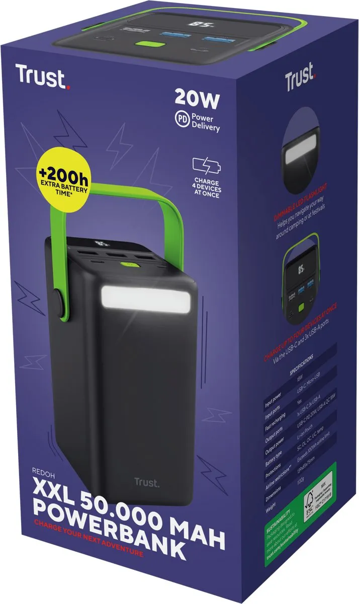 Trust Redoh XXL Powerbank 50.000mAh - 20W - 5x USB - Zwart
