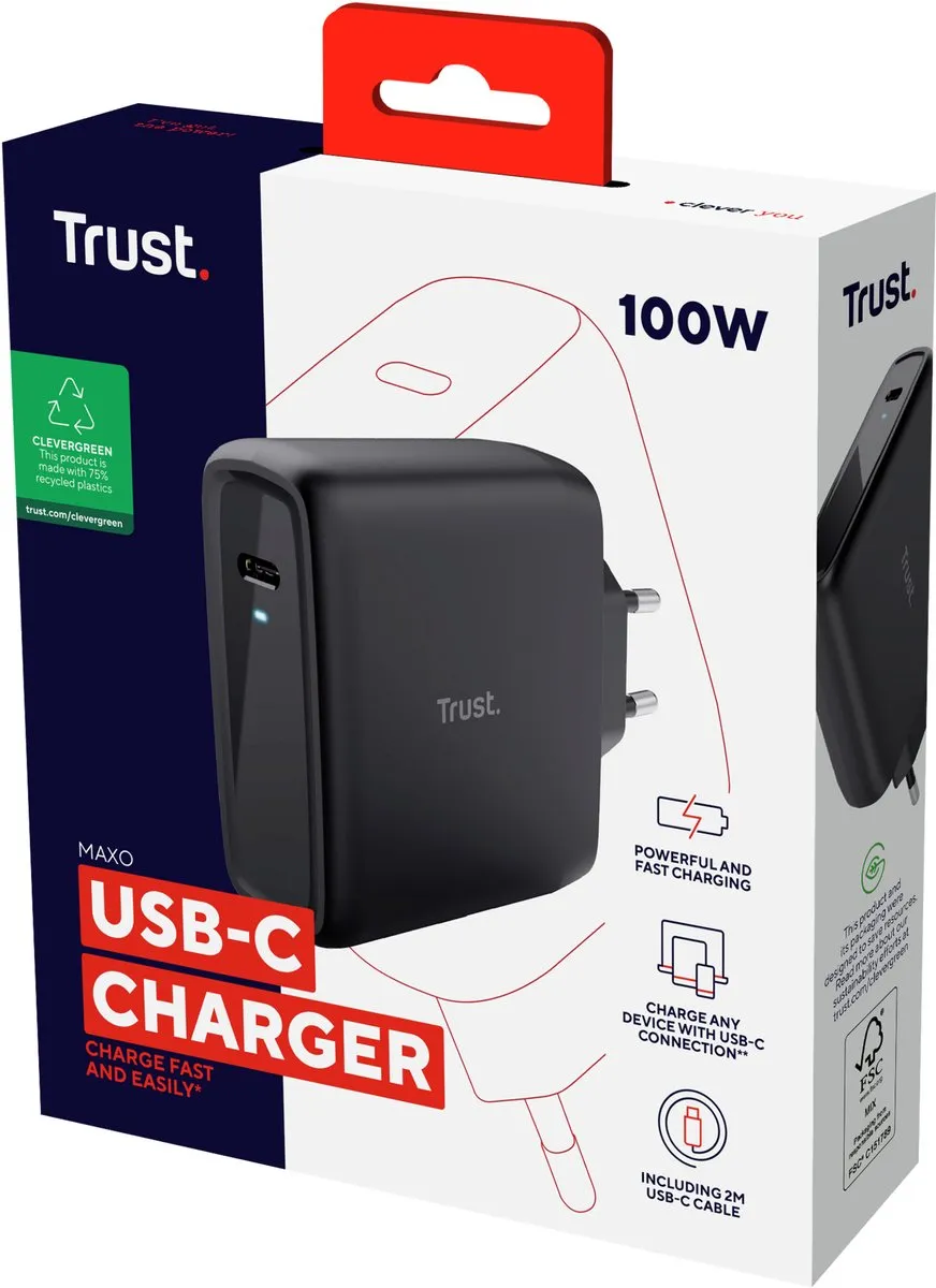 Trust Maxo Laptoplader 100W USB-C - 2m Zwart