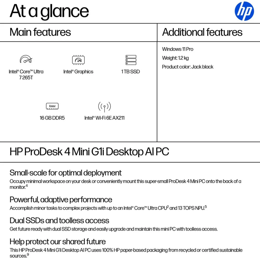 HP ProDesk 4 G1i AI Mini PC - Intel Core Ultra 7 265T - 16GB DDR5 - 1TB SSD - Zwart