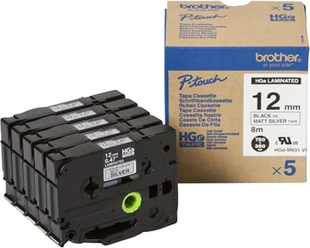 Brother HGe-M931V5 Labeltape 12mm Zilver - 5 Stuks
