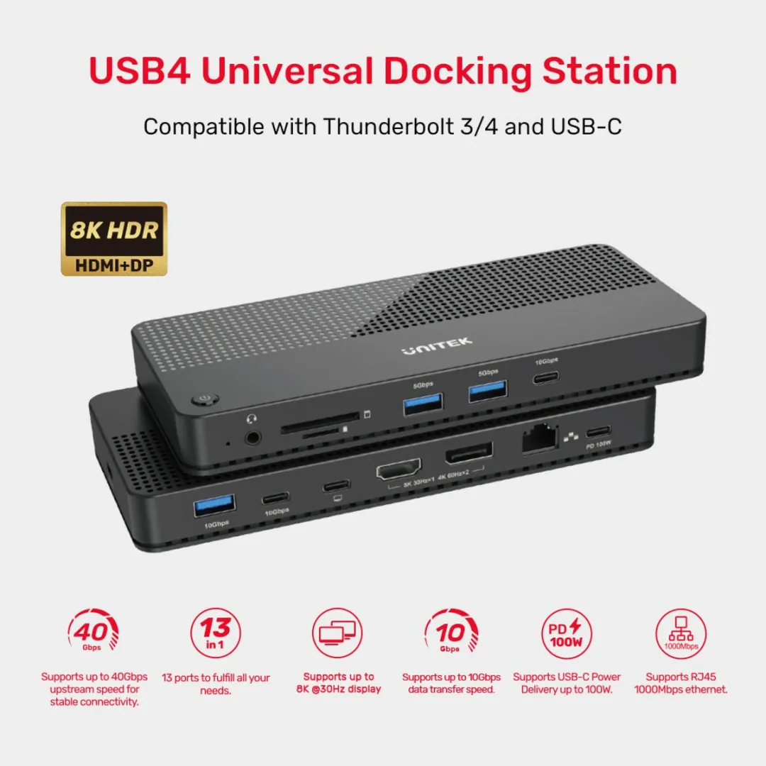 Unitek D1079A Laptopdock USB4 - 100W - HDMI 8K - Zwart - afbeelding 3 van 6