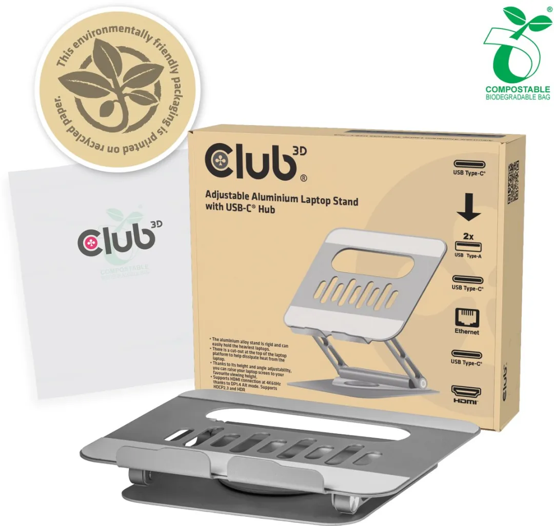 Club3D CSV-2554 Laptopstandaard - Aluminium - 100W USB-C - Grijs