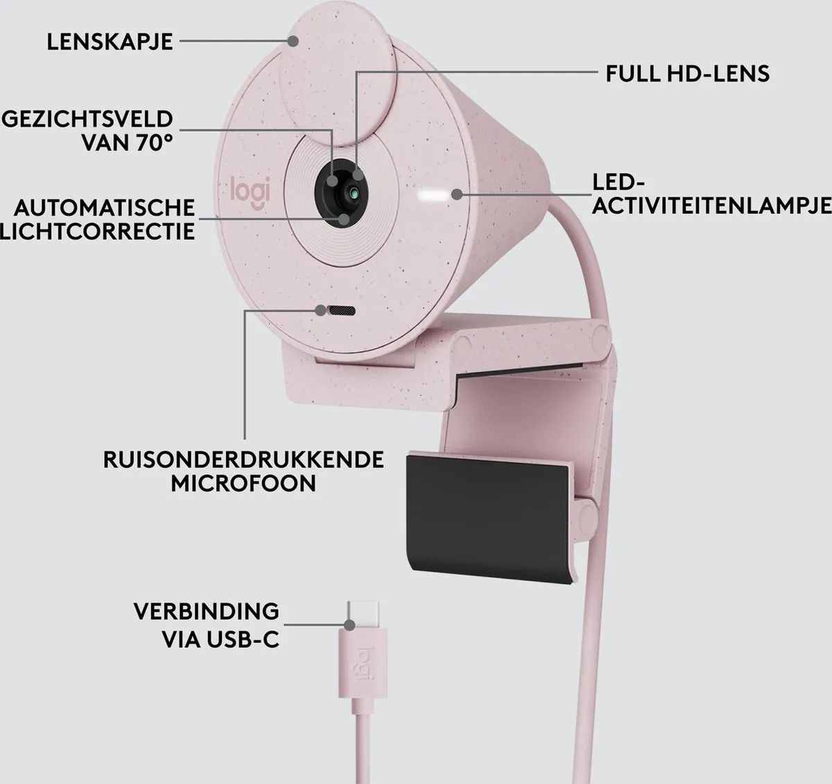 Logitech Brio 300 Webcam - Full HD - USB-C - Roze - afbeelding 6 van 6