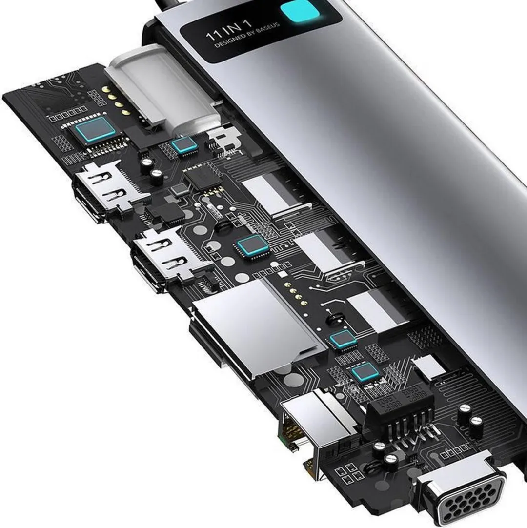 Baseus Metal Gleam 11-in-1 USB-C Hub - 100W PD - 2x HDMI 4K - 3x USB 3.2 - AUX - Grijs