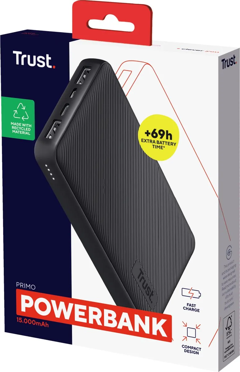 Trust PRIMO 15.000 Powerbank 15W - 3x Opladen - Zwart