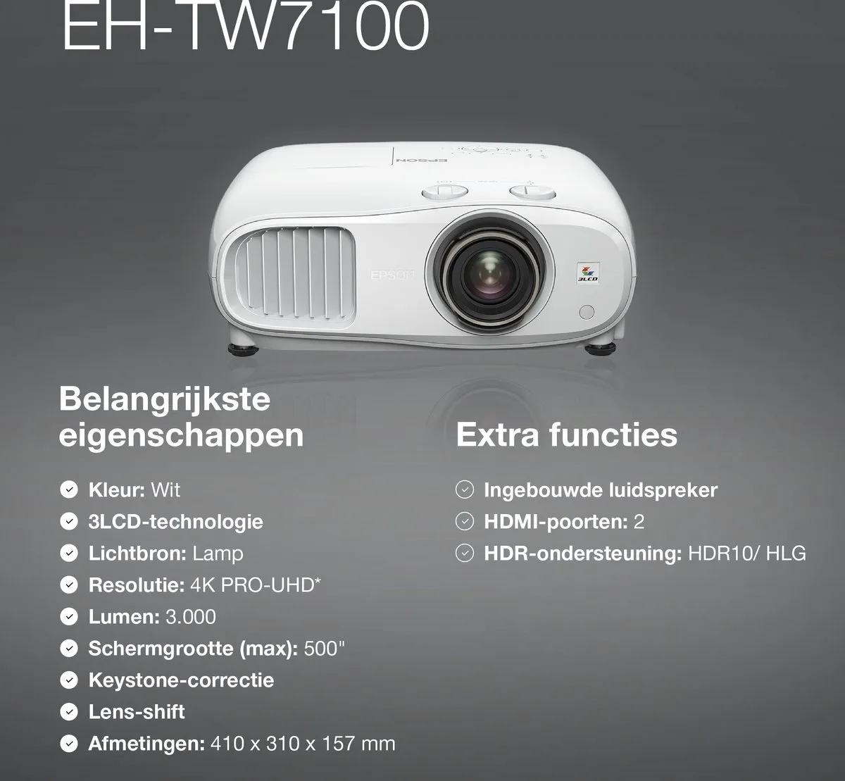 Epson EH-TW7100 Beamer - 2x HDMI, 2x USB 2.0 - Wit