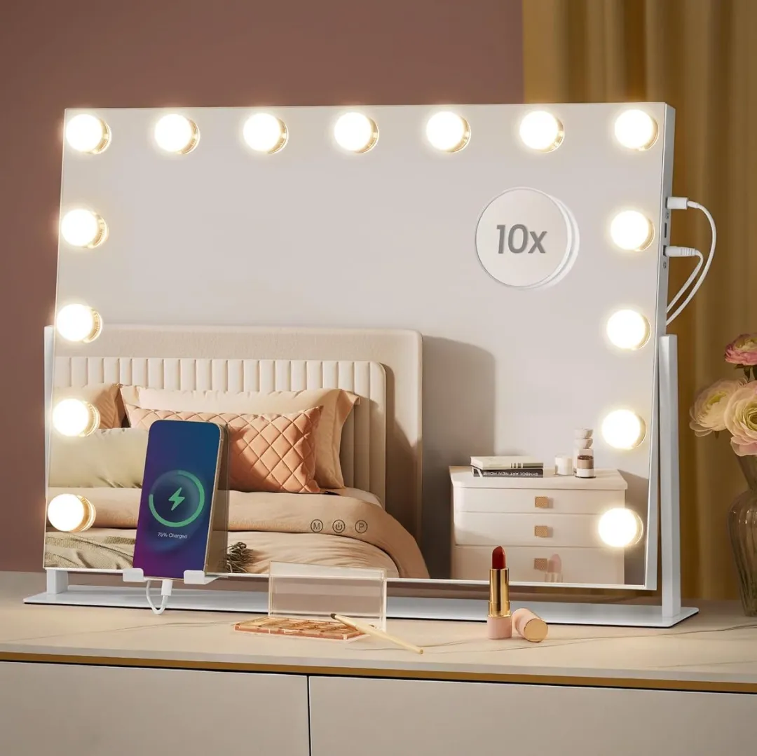 Songmics – Make-upspiegel met Verlichting 58x43 cm – 15 LED – 10x Vergroting – Mat Wit - LWM001W02