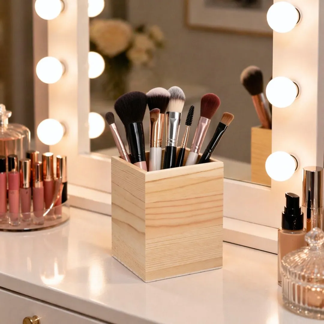 Excellent Houseware Make Up Organizer Hout 8x8x10cm - Beige