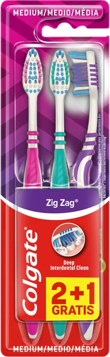 Colgate Zig Zag Medium Tandenborstel - 3 Stuks - Blauw/Rozes/Paars