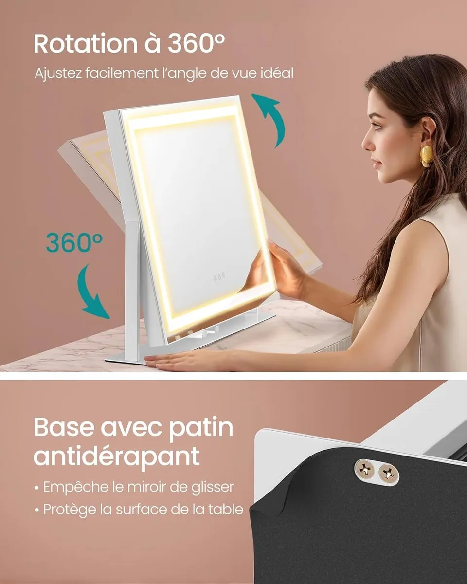 Songmics Make-up Spiegel 58x43cm - 15 LED - 3 Kleuren - Wit