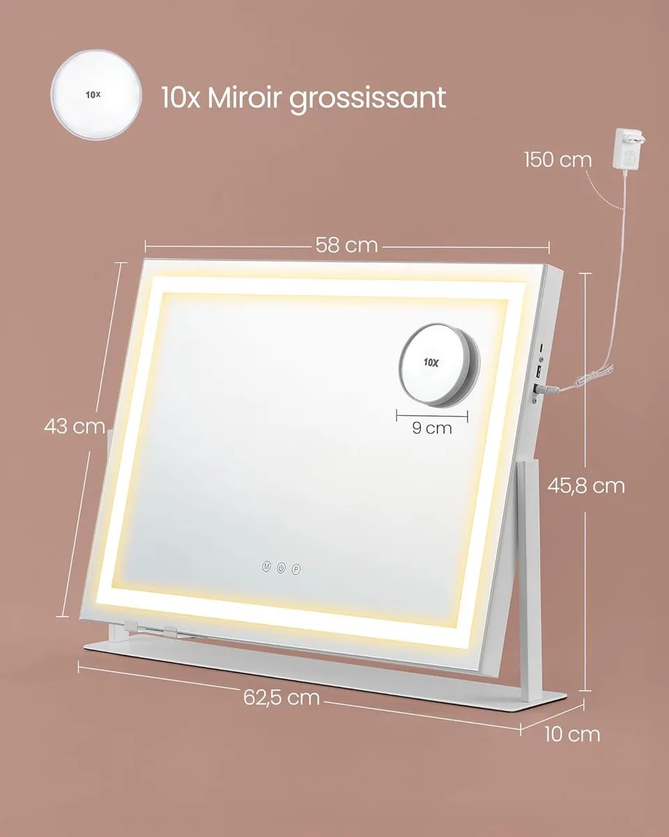 Songmics Make-up Spiegel 58x43cm - 15 LED - 3 Kleuren - Wit