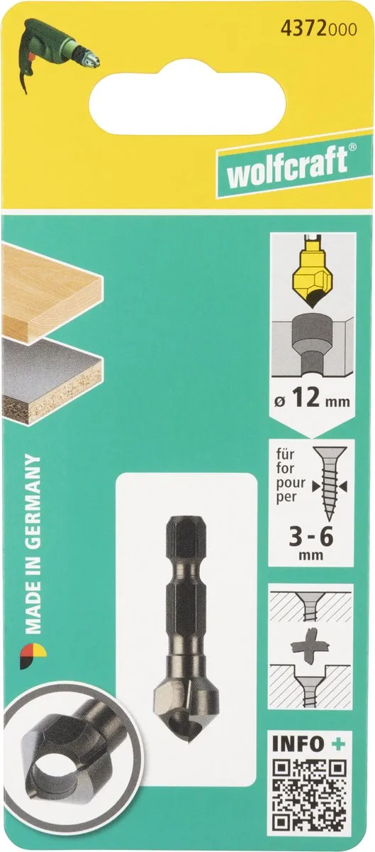 Wolfcraft Dwarsgat Verzinkboor 12mm - Zeskantschacht
