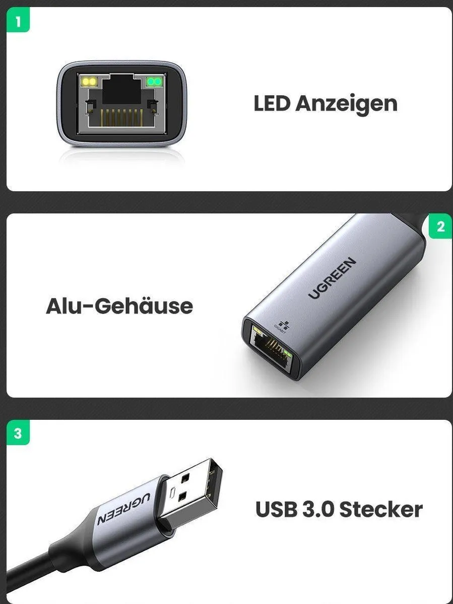 UGREEN 50922 USB 3.0 naar RJ45 Ethernet Adapter - 1000 Mbit/s