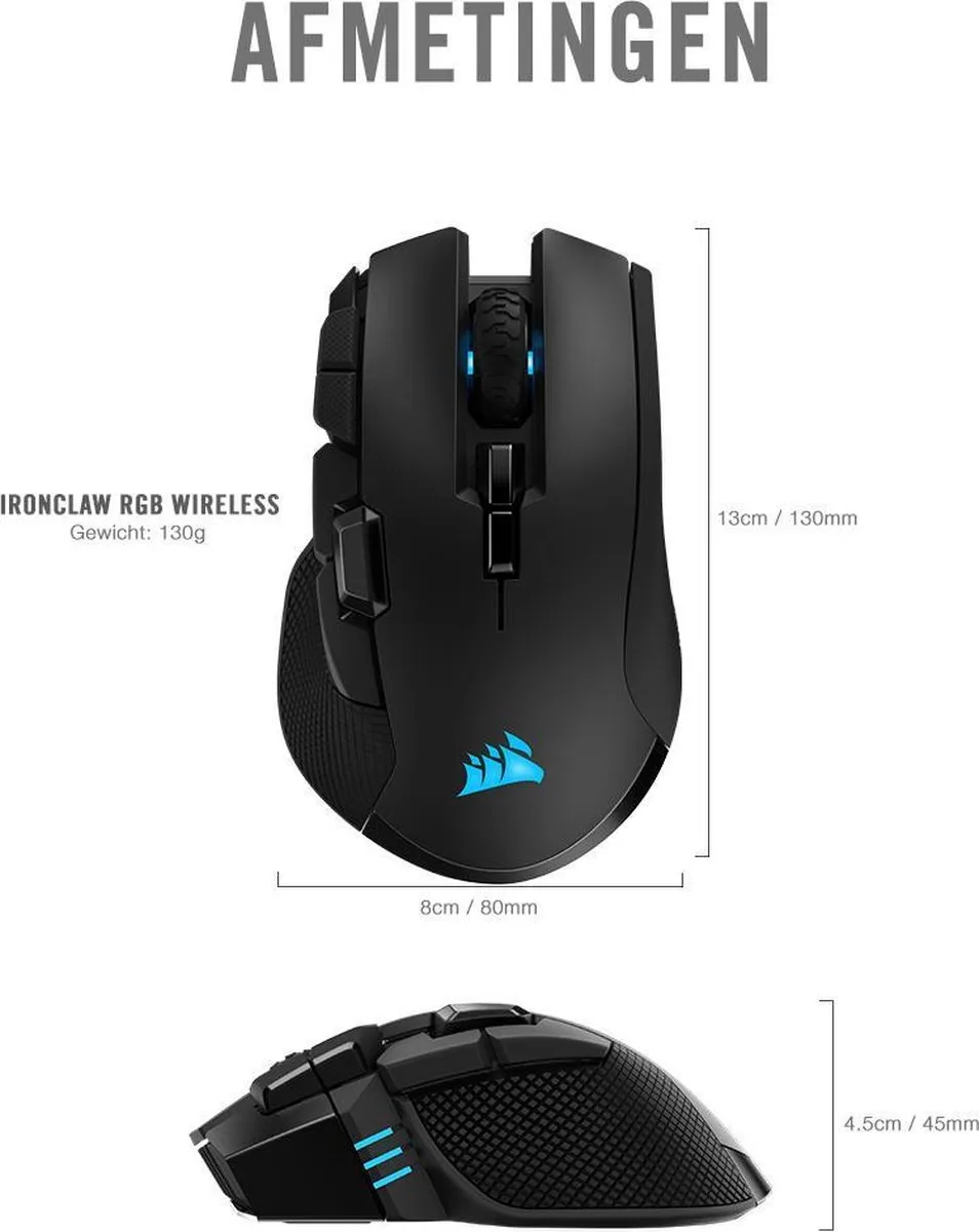 Corsair Ironclaw RGB Gamingmuis CH-9307011-EU - 18.000 DPI - Zwart