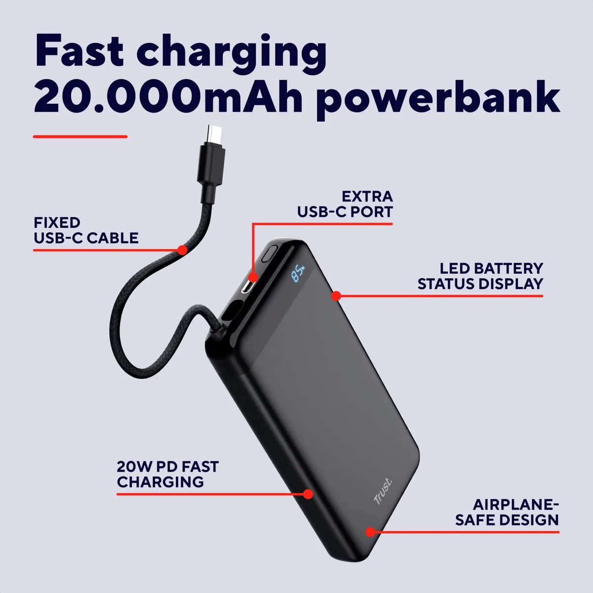 Trust Fiera Powerbank 20000mAh 25881 - 2x USB-C - 20W - Zwart