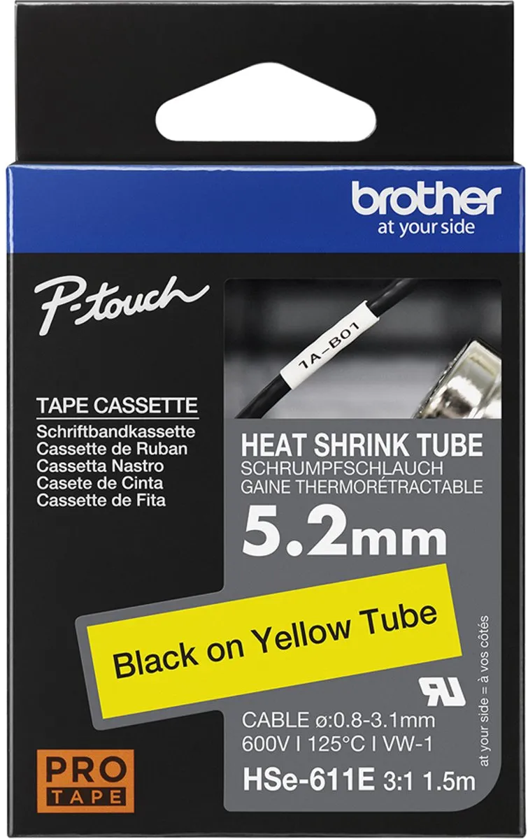 Brother HSE611E Labeltape Krimpkous - Geel/Zwart 5.2mm 1.5m