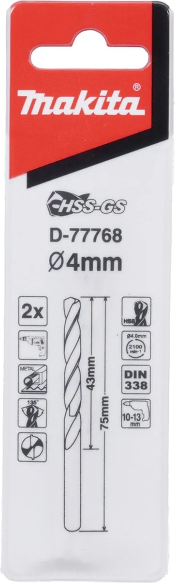 Makita Metaalboor HSS-GS 4.0x75mm - 2 Stuks