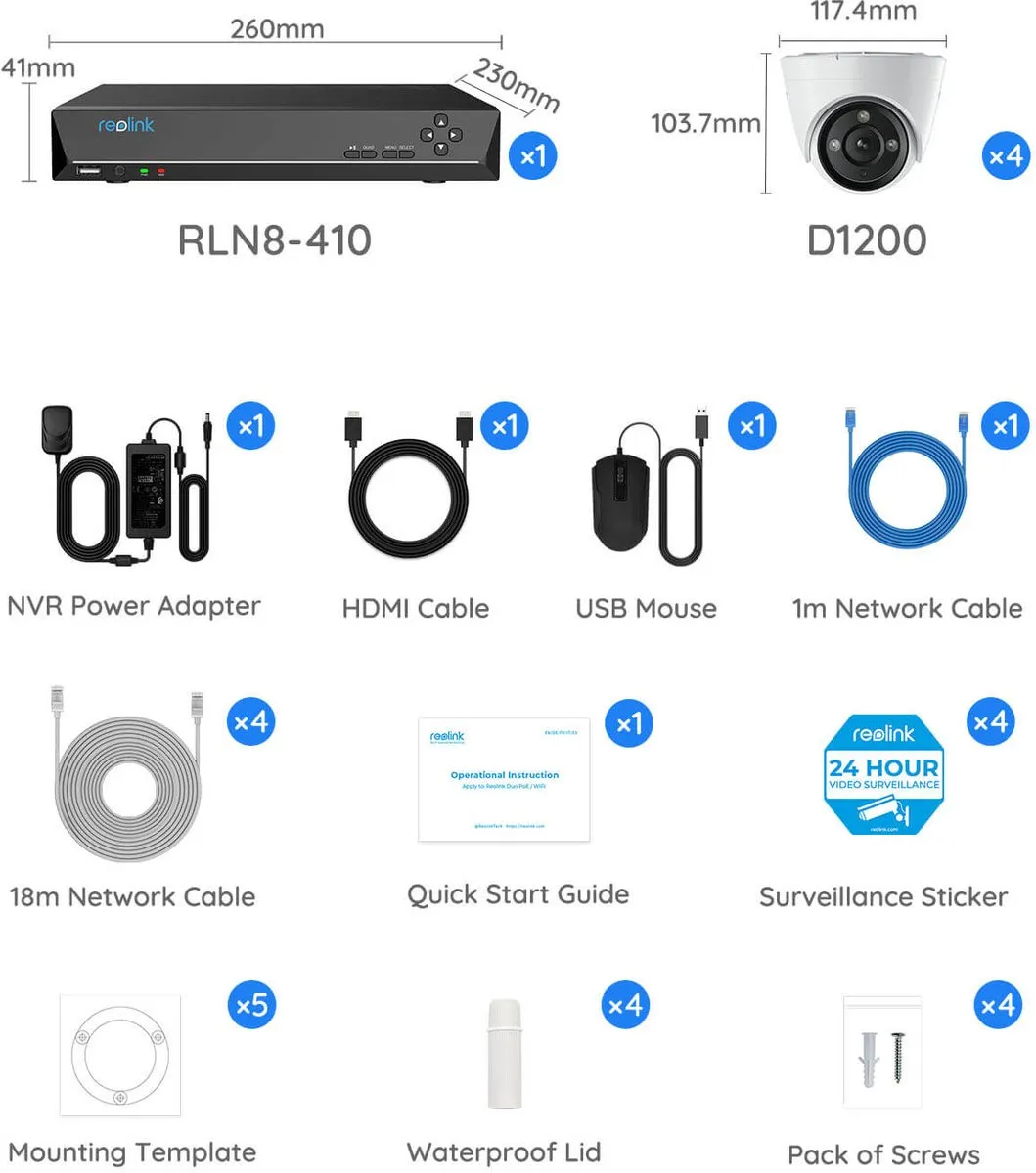 Reolink RLK8-1200D4-A-4MM Beveiligingssysteem 12MP - 4 Camera's + NVR 2TB