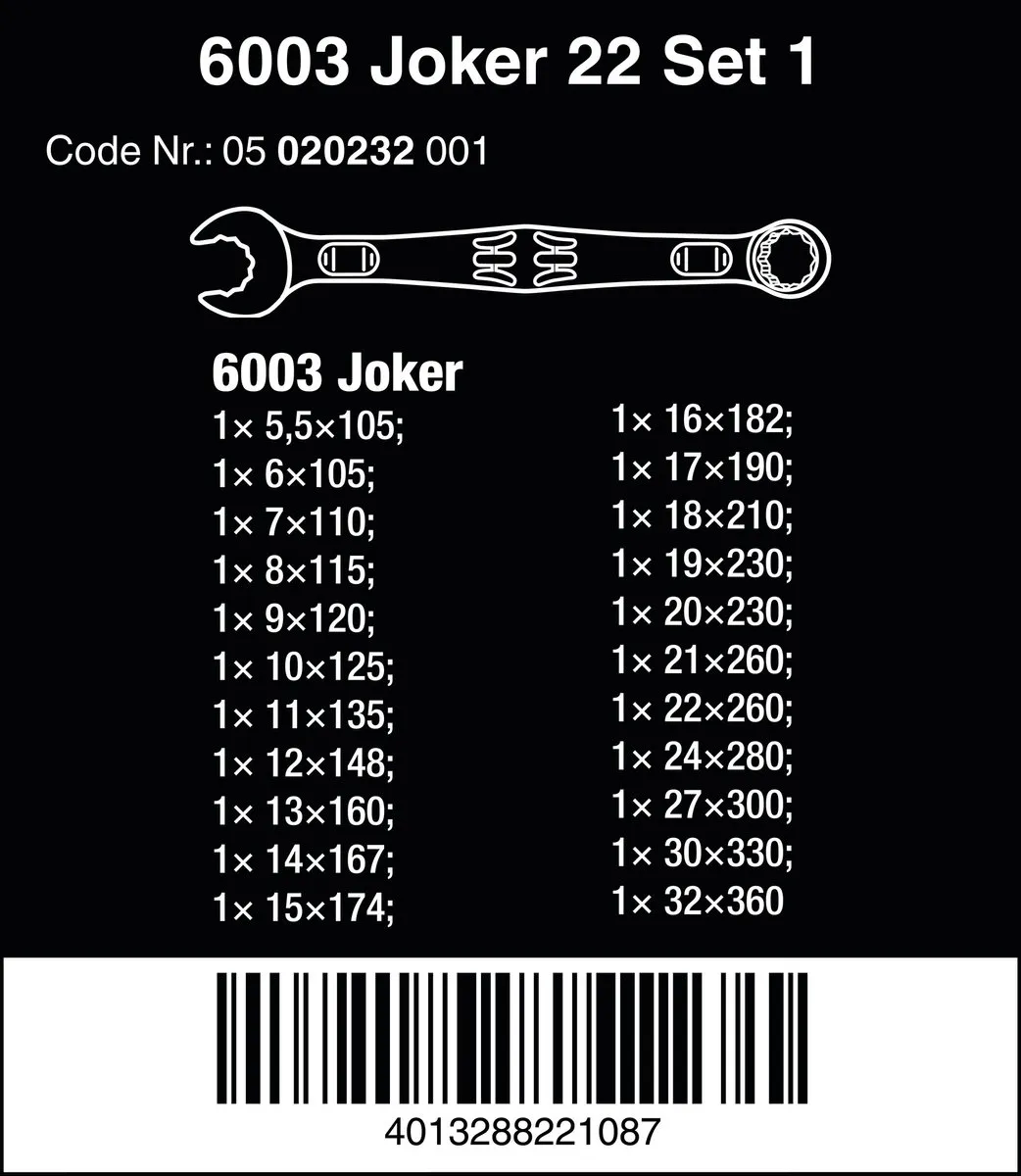 Wera 05020232001 6003 Joker Ring-/Steeksleutelset 22-delig - 8-23mm