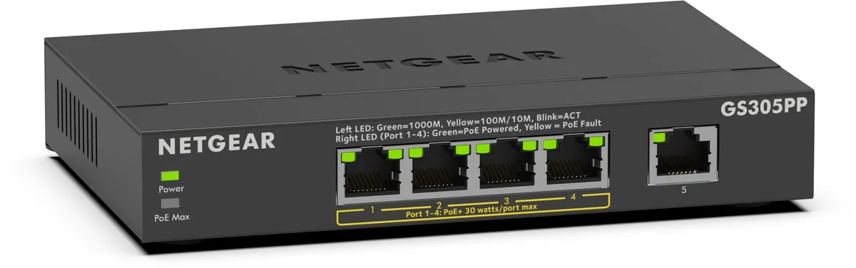 Netgear GS305PP 5-Poort Gigabit PoE+ Switch - 83W - Zwart