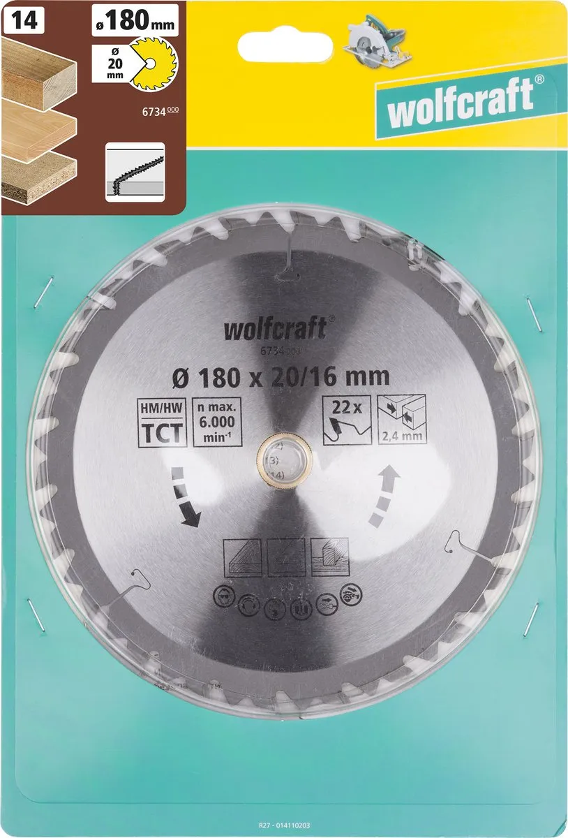 Wolfcraft Cirkelzaagblad 180mm 24 Tanden - 20mm As - Serie Bruin