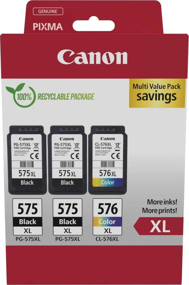 Canon PG-575XL + CL-576XL Inktcartridges - 2x Zwart + Kleur - XL