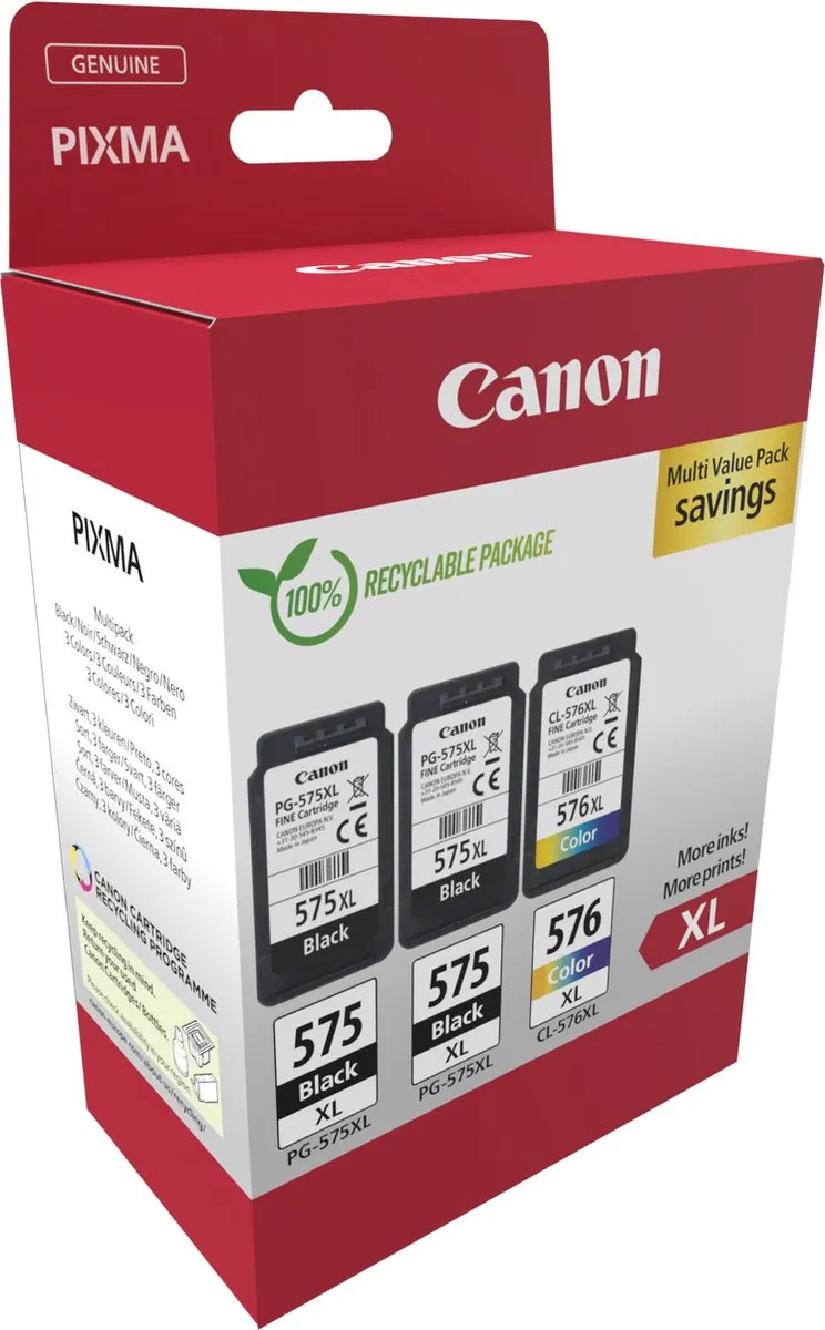 Canon PG-575XL + CL-576XL Inktcartridges - 2x Zwart + Kleur - XL