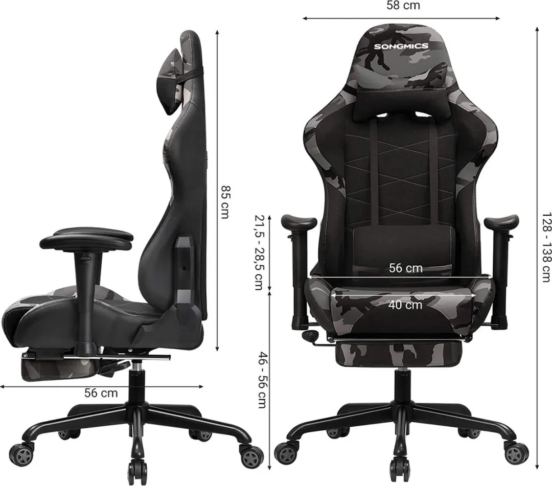 Songmics Gamestoel Camouflage - Kantelfunctie & Voetensteun