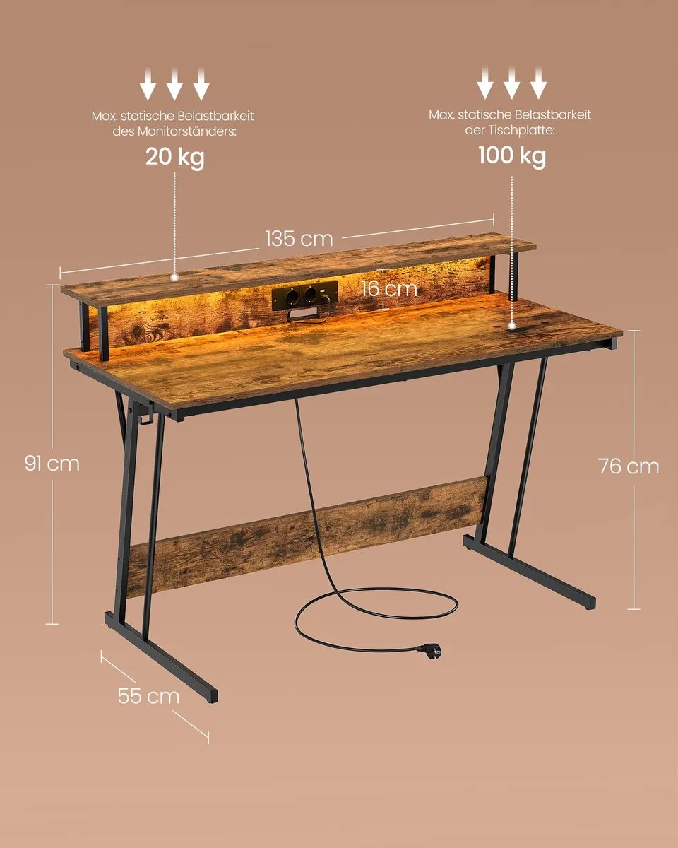 Songmics Bureau met Monitorstandaard 55x135x76cm Vintage Bruin