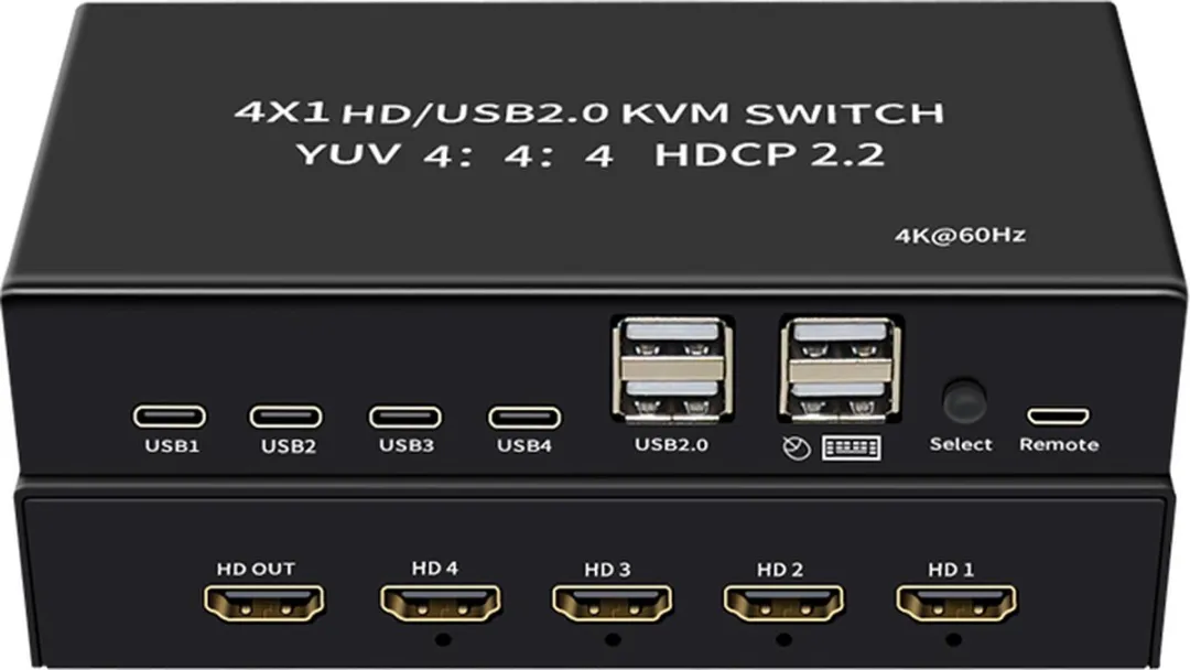 NÖRDIC KVM-100 Switch 4K@60Hz - 4 PC's naar 1 HDMI Monitor