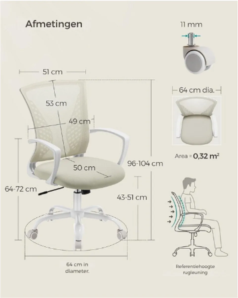 Songmics OBN022K01 Ergonomische Bureaustoel - 120 kg - Cappuccinobeige